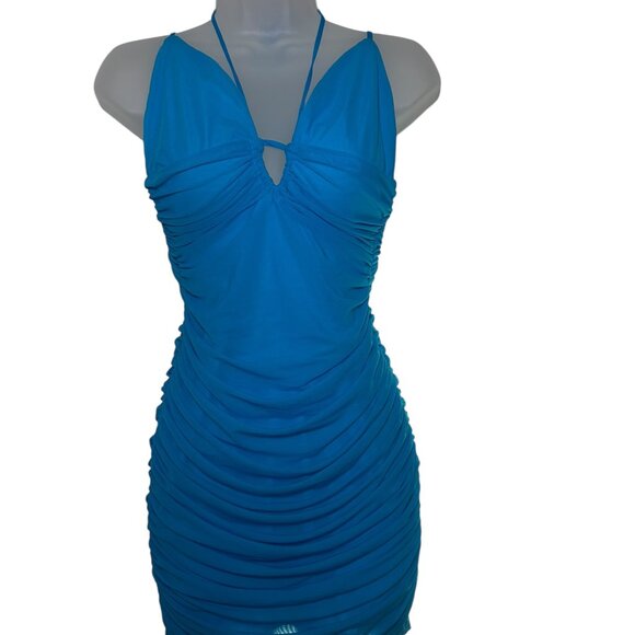 Bardot Rania Blue Mesh Ruched Bodycon Mini Dress Small - Picture 6 of 7